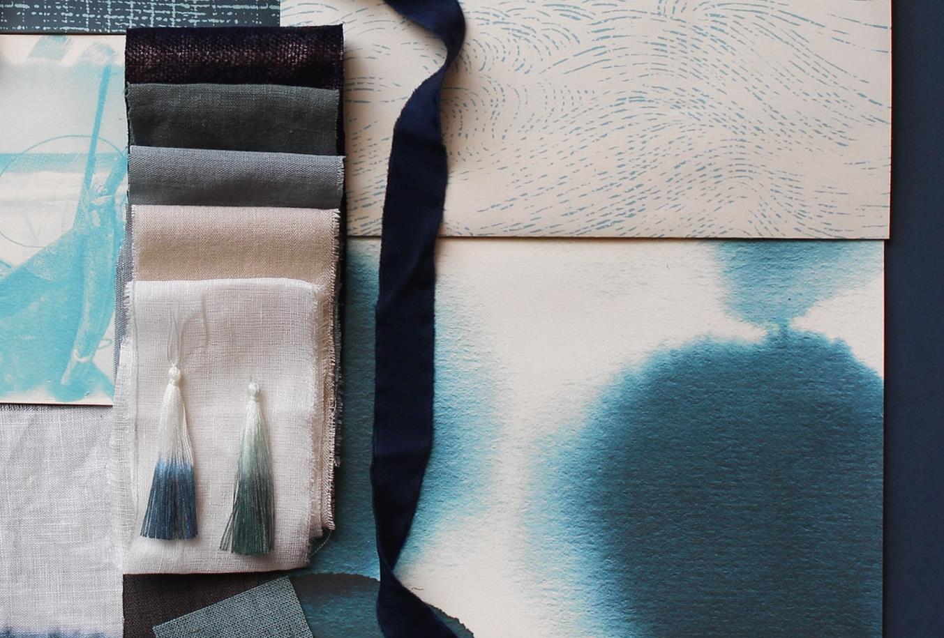 Atelier Soleil — indigo textile moodboard with tassels, dyed paper and silk ribbon