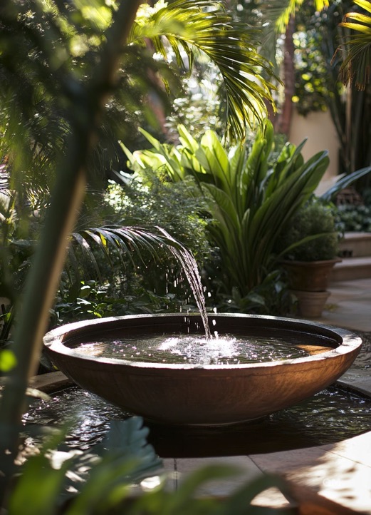 A stone fountain in tropical greenery